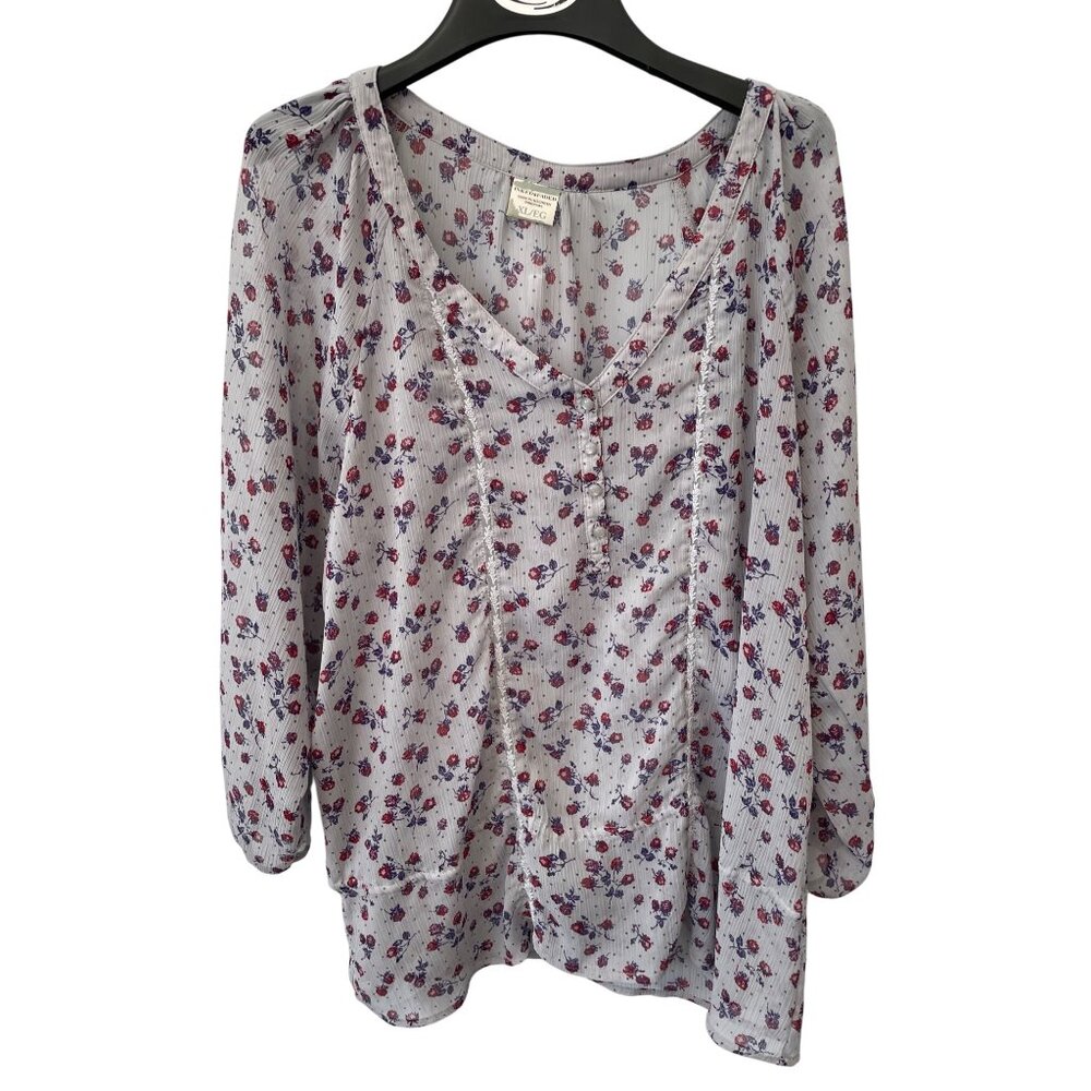 Inked and Faded Floral Sheer Peasant Top Size XL Quarter Sleeve Bohemian Hippie